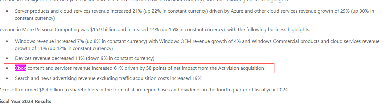 微软发布2024 Q4财报业绩：Q4游戏收入同比增长44%